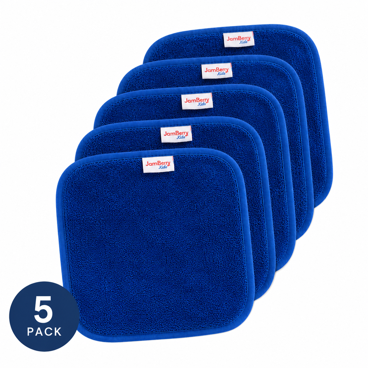 Five pack of navy face washers with Jan Berry logo on a white background