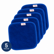 Five pack of navy face washers with Jan Berry logo on a white background