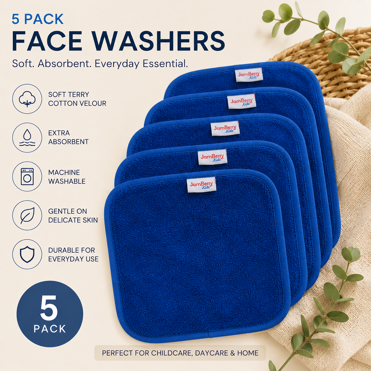 Daycare Face Washer Set – 5 Pack | Soft Cotton Wash Cloths