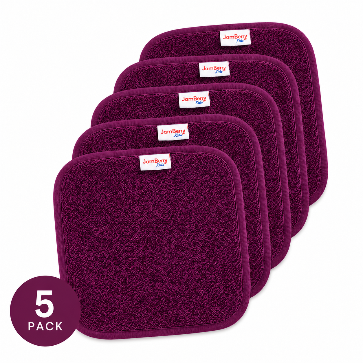 Set of five Mulberry Face washers  with a jamberry label on a white background